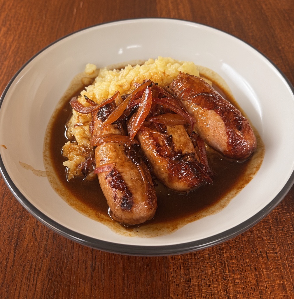 A wide bowl of bangers and mash — three browned sausages over mashed potato with caramelised onion gravy — on a dark wood table