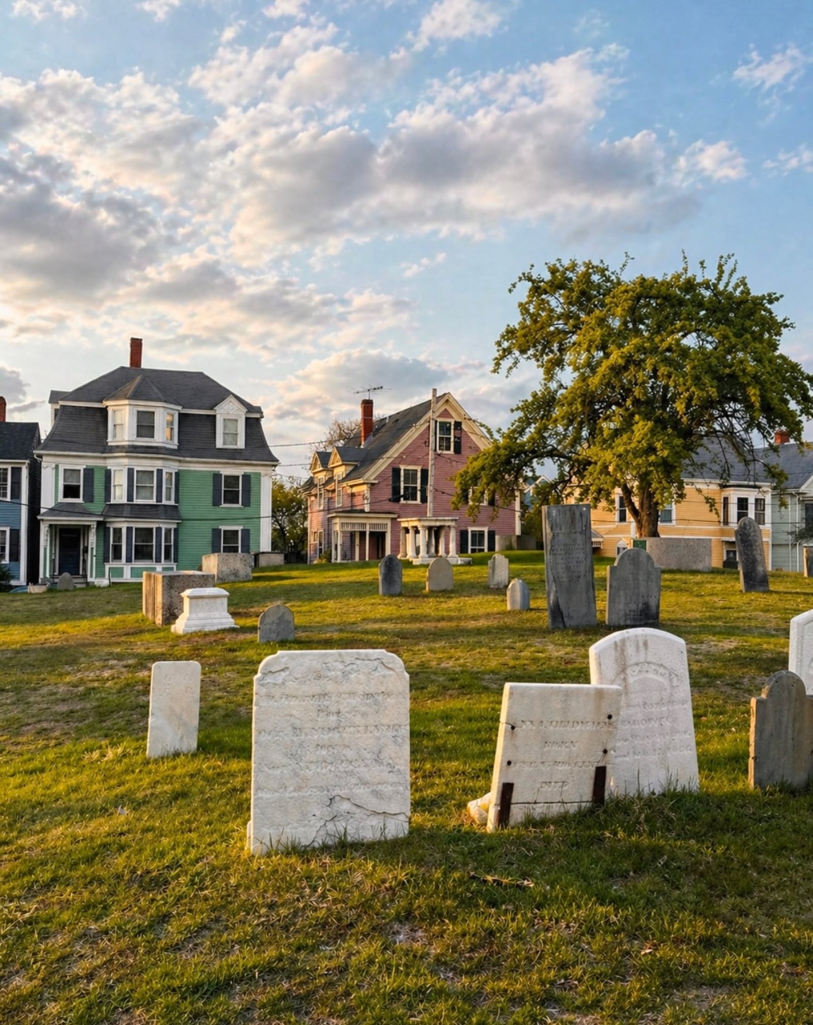 Charter Street Cemetery headstones at sunset in Salem MA, one of the oldest cemeteries in America