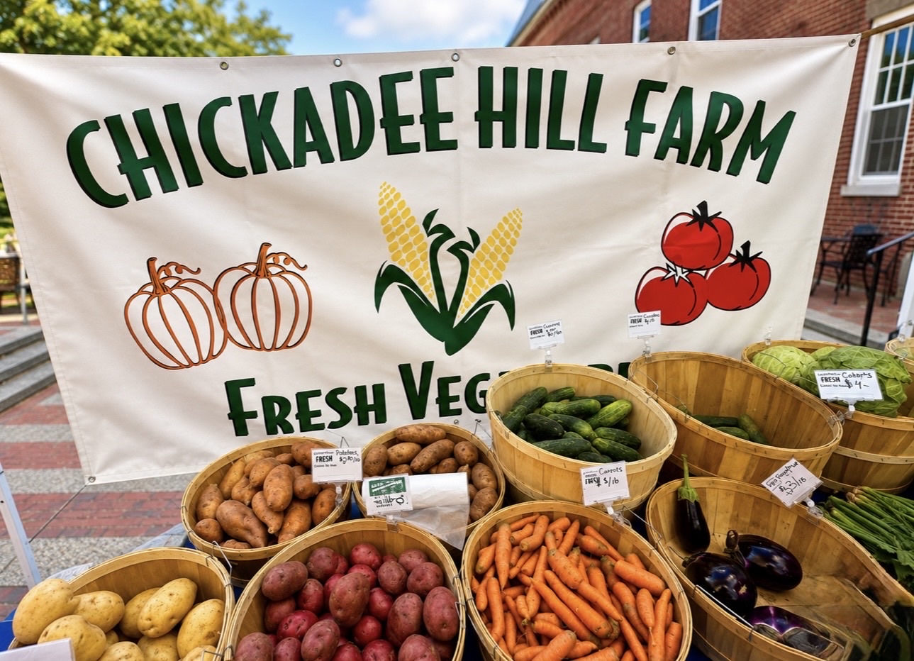 Bushel baskets of potatoes, carrots, cucumbers, eggplant and cabbage beneath a Chickadee Hill Farm banner at the Salem Farmers' Market, Salem MA
