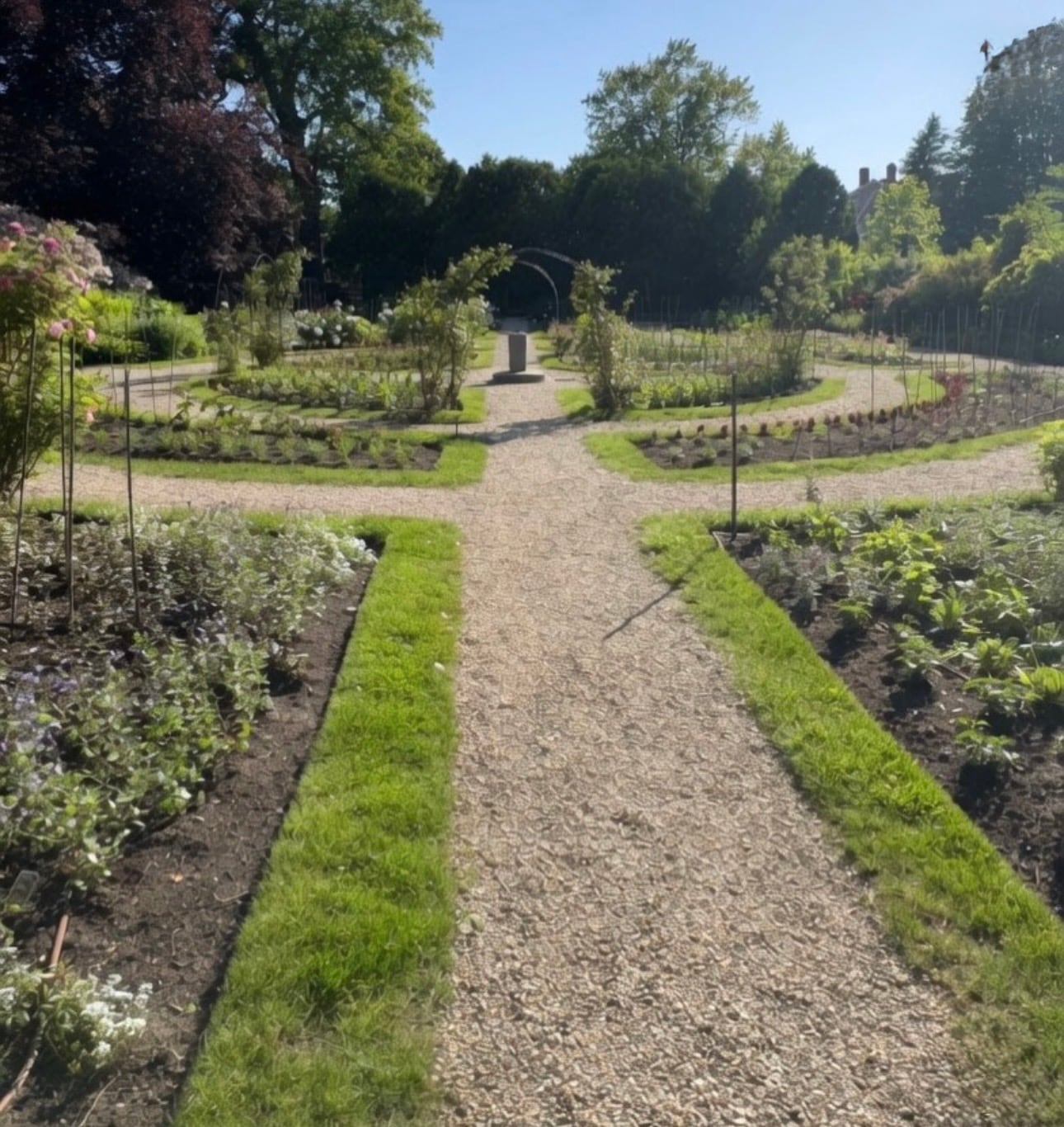 A symmetrical Colonial Revival garden with gravel paths radiating from a central sundial, boxwood-edged beds, and a rose arbor in Salem