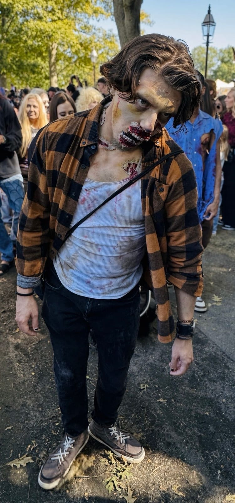 A young man in zombie makeup with a torn, bloody mouth and a plaid flannel shirt, shuffling toward the camera with the crowd behind him on Salem Common