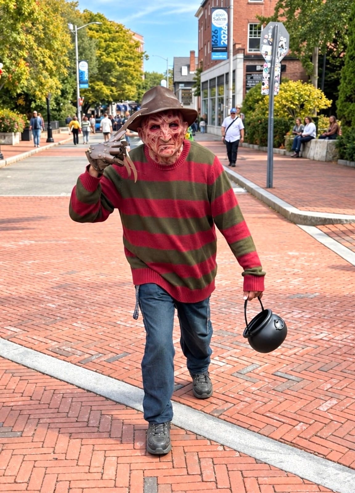 A street performer dressed as Freddy Krueger, in a burned-face mask, brown fedora and red and green striped sweater with a bladed glove raised, walking down the brick Essex Street pedestrian mall carrying a black plastic cauldron, with shoppers and trees behind him