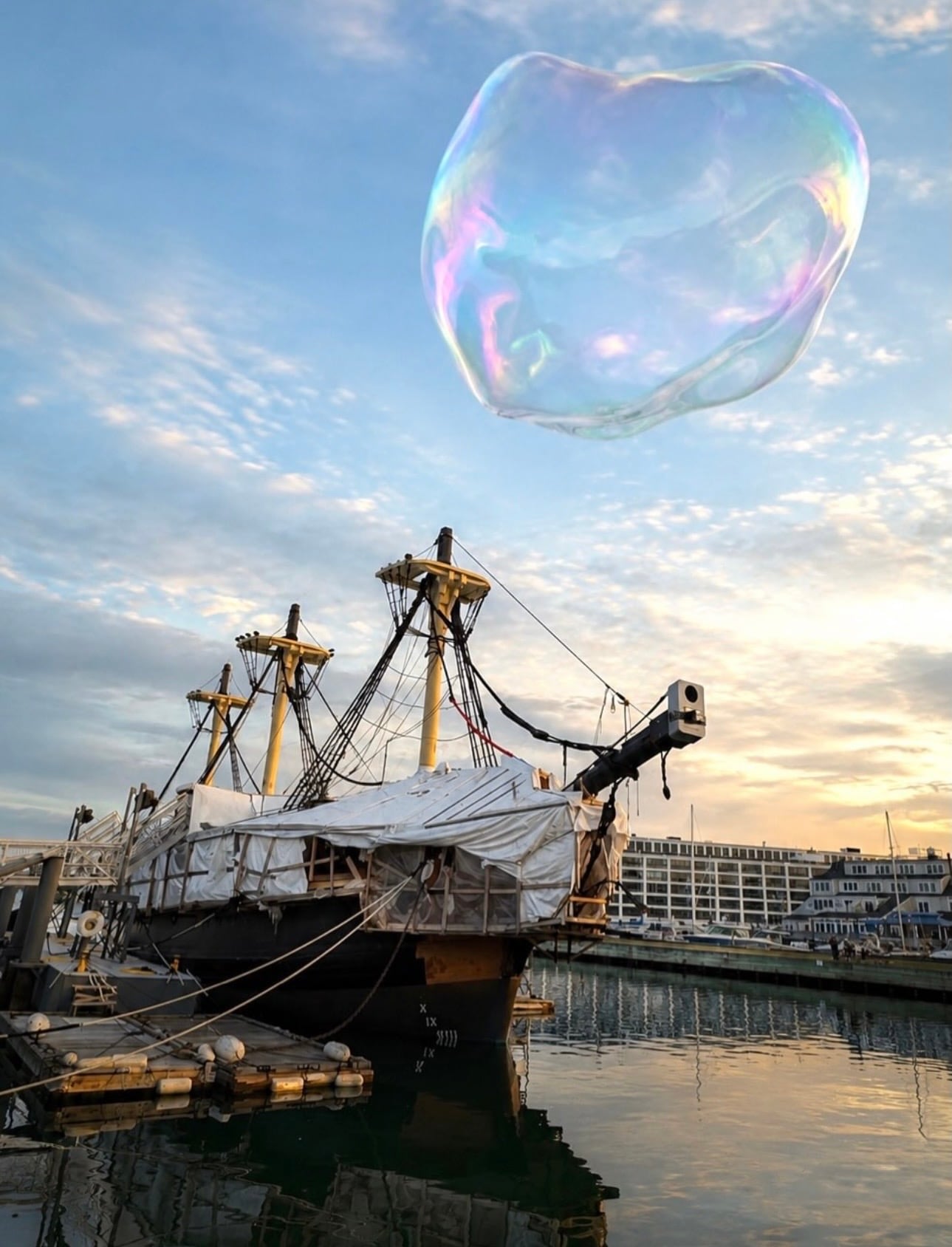 A giant iridescent bubble floating above the masts of the Friendship of Salem tall ship at Derby Wharf during sunset