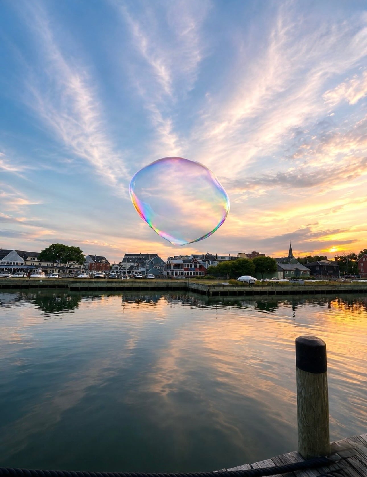 A giant iridescent soap bubble drifting over Salem Harbor at sunset, the waterfront skyline mirrored in calm water