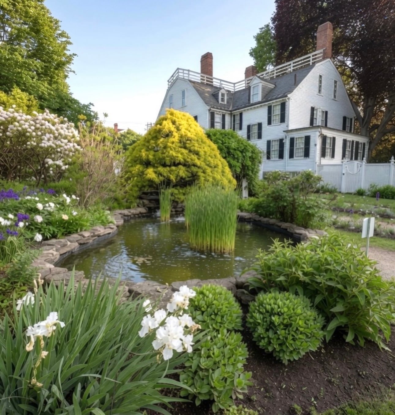 The formal garden behind the Ropes Mansion in Salem, with a lily pond, cattails, flowering shrubs, and the white mansion beyond