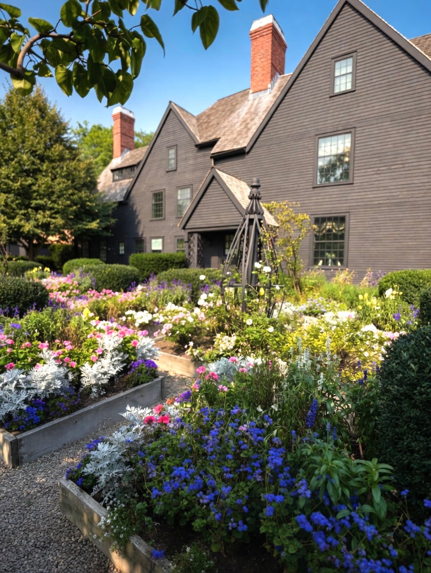 Gardens blooming in spring at the House of the Seven Gables overlooking Salem Harbor