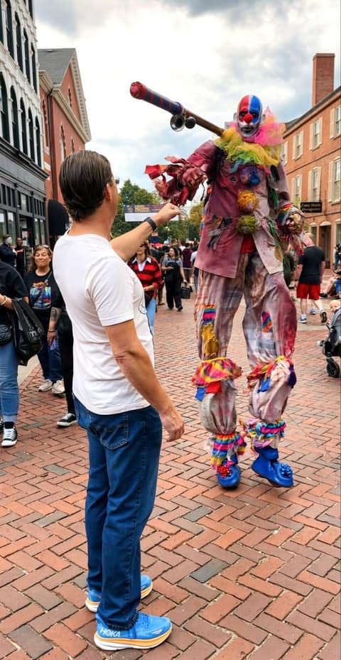 The stilt-walking clown Big Top Tiny, in a rainbow patchwork costume with a painted face and a giant mallet over one shoulder, towering over a man in a white T-shirt on a crowded brick street downtown