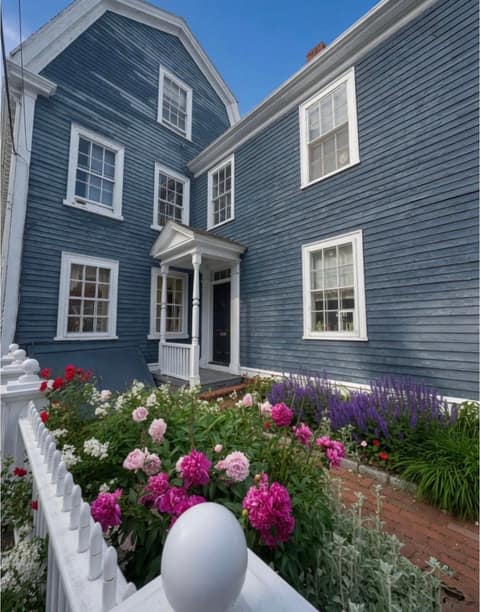 A slate-blue gambrel-roofed colonial house with a pedimented doorway and a front garden of pink peonies and purple salvia behind a white picket fence in Salem