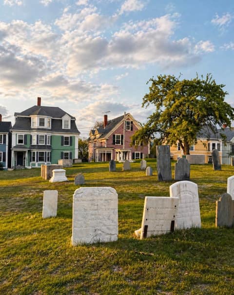 Charter Street Cemetery headstones at sunset in Salem MA, one of the oldest cemeteries in America