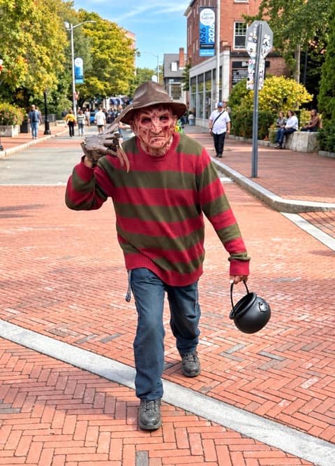A street performer dressed as Freddy Krueger, in a burned-face mask, brown fedora and red and green striped sweater with a bladed glove raised, walking down the brick Essex Street pedestrian mall carrying a black plastic cauldron, with shoppers and trees behind him
