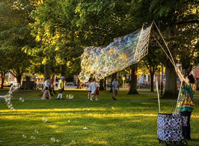 A street performer in tie-dye creates a glowing net of giant soap bubbles beneath the trees on Salem Common at golden hour
