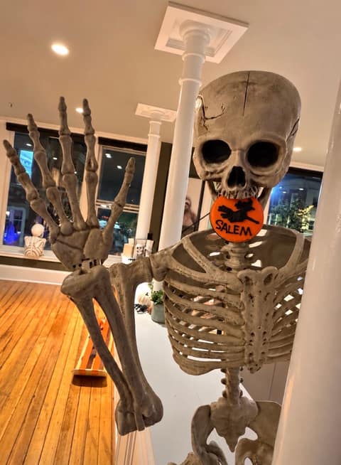 A life-size skeleton prop indoors with one hand raised, an orange frosted cookie decorated with a black flying witch and the word SALEM held in its jaw, in a shop with wide wood floors and white columns lit at night