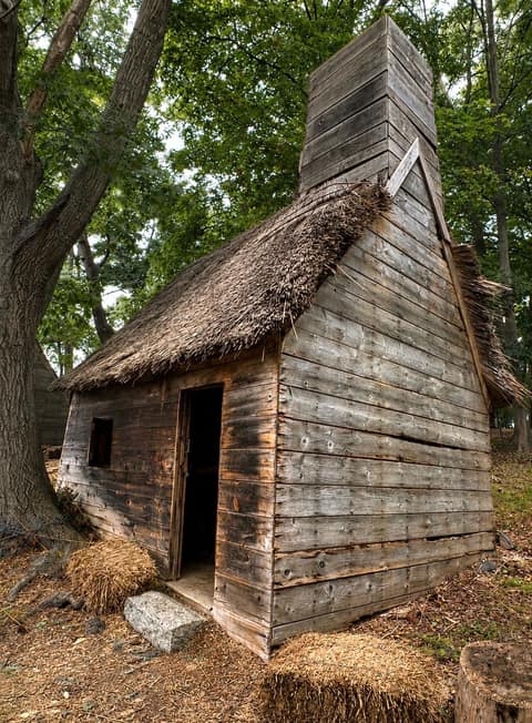 A small timber cottage with a steep thatched roof and a tall plank chimney, surrounded by trees