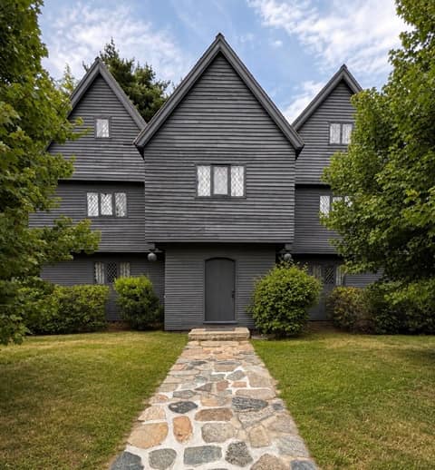 The Witch House, a black gabled 17th-century timber house with diamond-paned windows, at the end of a stone path