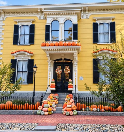 A two-storey yellow Italianate house with ornate white trim, black shutters and double black doors numbered 170, its window hoods and balcony lined with orange pumpkins, stacked heirloom pumpkins on both sides of the front steps and a row of pumpkins along the iron fence