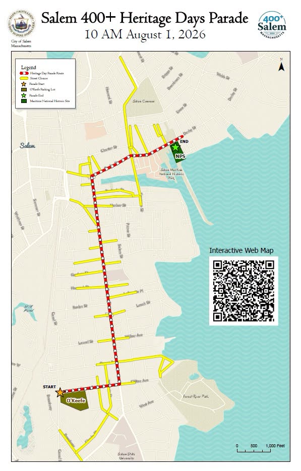 Map of the Salem 400+ Heritage Days Parade route on August 1, 2026 — starting at the Salem State University O'Keefe Sports Complex on Canal Street, heading north up Lafayette Street, turning right onto Derby Street, and ending at Salem Maritime National Historical Park
