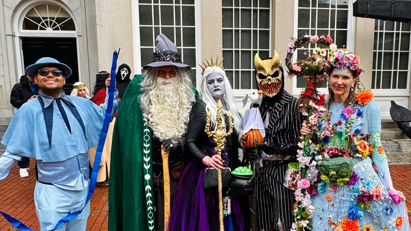 Costumed revelers outside the Peabody Essex Museum during Haunted Happenings in downtown Salem